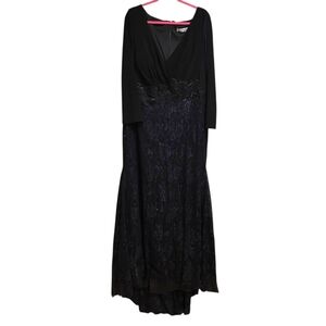 Mac Duggal Size 22W Black Wrap Over Long Sleeve Lace Applique Trumpet Gown Nwt